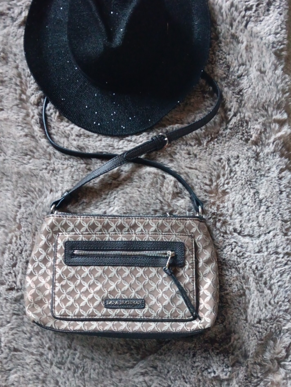 Dana Buchman Taupe Patterned Crossbody with Black Trim